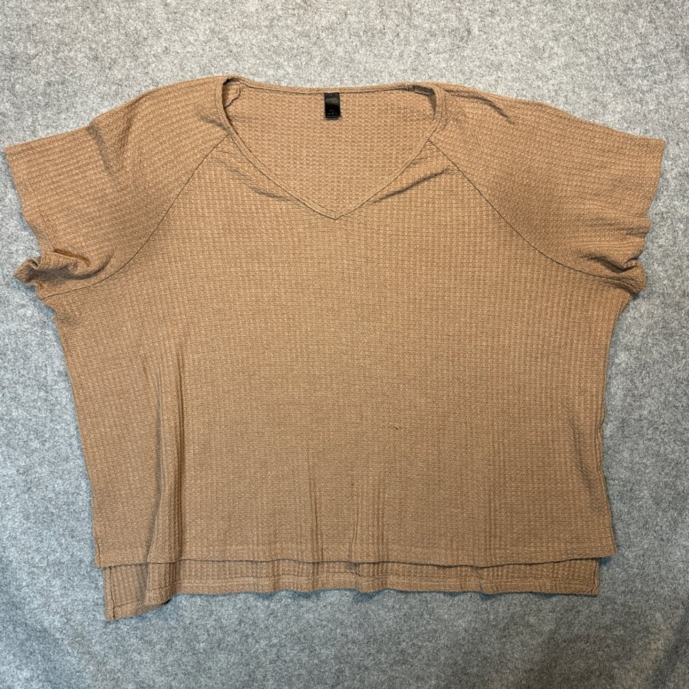 Shein Waffle Knit V-Neck Top 2XL Tan Brown Short Sleeve Relaxed Fit